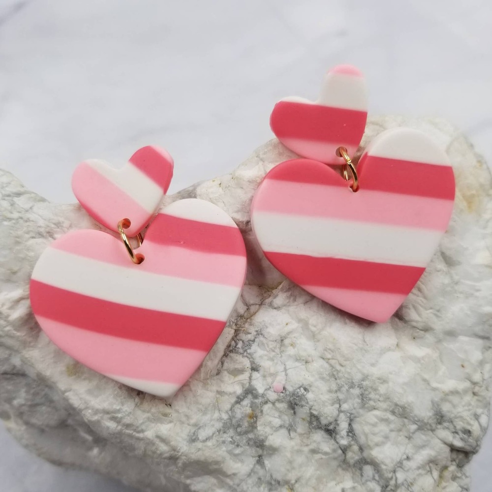 Pink Stripe Double Heart Dangle Clay Earrings